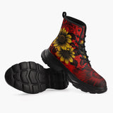 Casual Leather Chunky Boots Floral Red Yellow Drawings