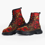 Casual Leather Chunky Boots Poppy Flowers Art