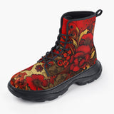 Casual Leather Chunky Boots Poppy Flowers Art