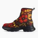 Casual Leather Chunky Boots Red and Gold Floral Ornament