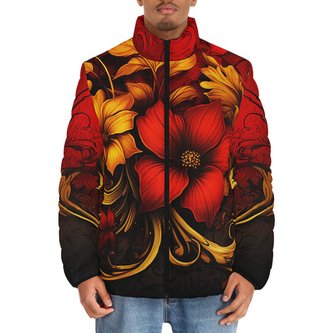 Down-Padded Puffer Jacket Red and Gold Floral Ornament
