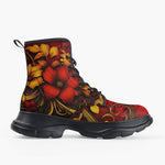 Casual Leather Chunky Boots Red and Gold Floral Ornament