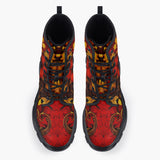 Casual Leather Chunky Boots Red and Gold Floral Ornament