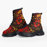 Casual Leather Chunky Boots Red and Gold Floral Ornament