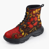 Casual Leather Chunky Boots Red and Gold Floral Ornament