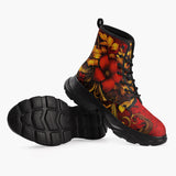 Casual Leather Chunky Boots Red and Gold Floral Ornament