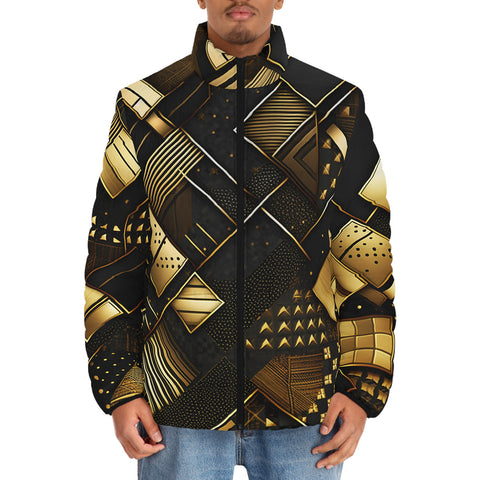 Down-Padded Puffer Jacket Golden Geometric Abstract Pattern
