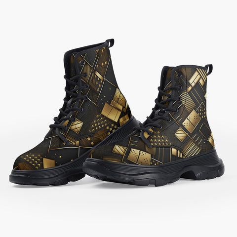 Casual Leather Chunky Boots Golden Geometric Abstract Pattern