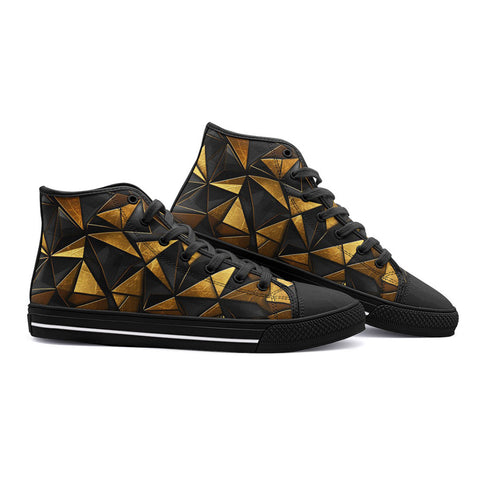 High-Top Canvas Shoes Gold and Black Triangles Artwork