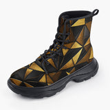 Casual Leather Chunky Boots Gold and Black Triangles Artwork