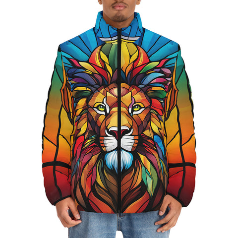Down-Padded Puffer Jacket Stained Glass Lion Art