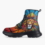 Casual Leather Chunky Boots Stained Glass Lion Art