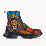 Casual Leather Chunky Boots Stained Glass Lion Art