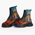 Casual Leather Chunky Boots Stained Glass Lion Art