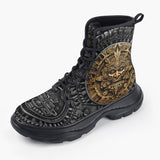 Casual Leather Chunky Boots Golden Ancient Aztec Art