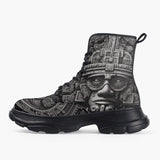 Casual Leather Chunky Boots Aztec Stone Carving