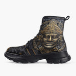 Casual Leather Chunky Boots Black and Gold Aztec Art