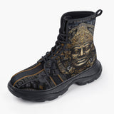 Casual Leather Chunky Boots Black and Gold Aztec Art