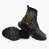 Casual Leather Chunky Boots Black and Gold Aztec Art