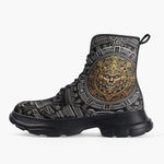 Casual Leather Chunky Boots Golden Aztec Symbol