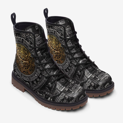 Leather Boots Golden Aztec Symbol