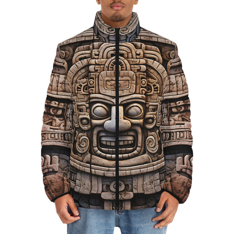 Down-Padded Puffer Jacket Aztec Temple Stone Carving