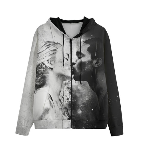 Men's Zip Up Hoodie Black and White Kiss