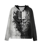 Men's Zip Up Hoodie Black and White Skull Art