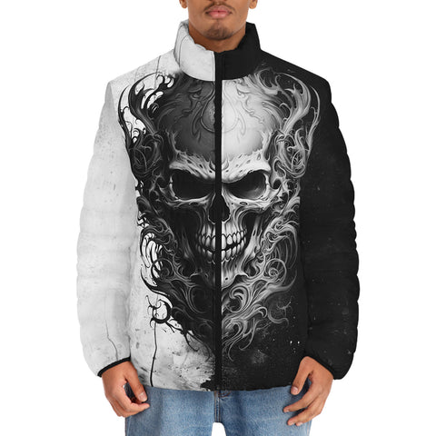 Down-Padded Puffer Jacket Black and White Skull Art
