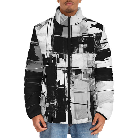 Down-Padded Puffer Jacket Black and White Abstraction