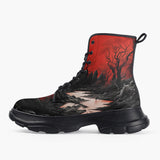 Casual Leather Chunky Boots Surreal Landscapes Red Moon