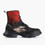 Casual Leather Chunky Boots Surreal Landscapes Red Moon