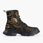 Casual Leather Chunky Boots Golden Leaves and Lion