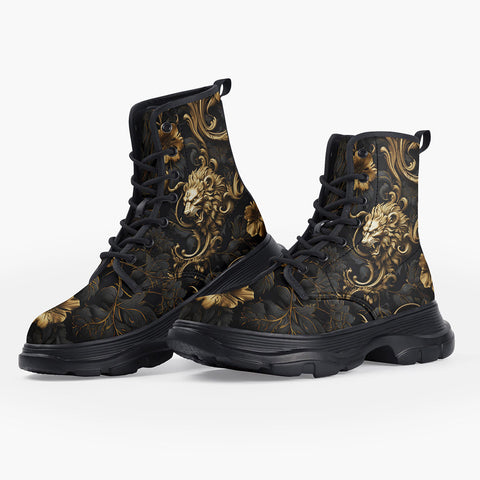 Casual Leather Chunky Boots Golden Leaves and Lion