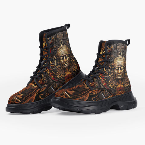 Casual Leather Chunky Boots Mayan Mythology Art