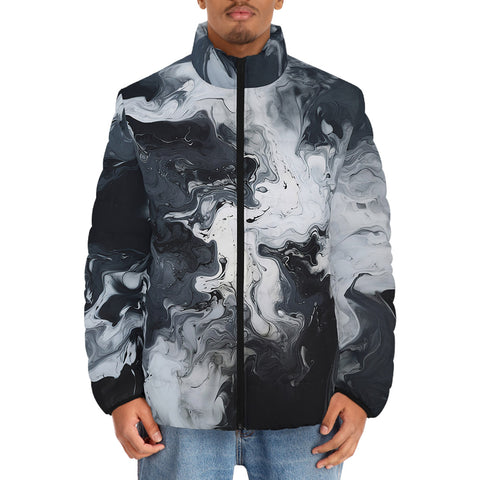 Down-Padded Puffer Jacket Swirling Gray Acril Paint