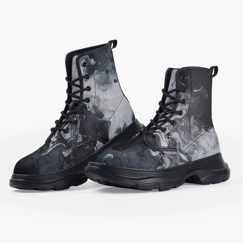 Casual Leather Chunky Boots Swirling Gray Acril Paint