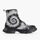 Casual Leather Chunky Boots Black and White Tie Dye