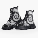 Casual Leather Chunky Boots Black and White Tie Dye