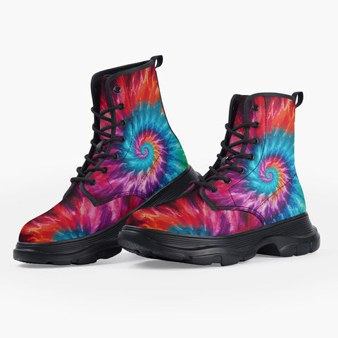 Casual Leather Chunky Boots Colorful Tie Dye