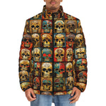 Down-Padded Puffer Jacket Collage of Colorful Skulls