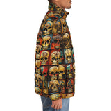 Down-Padded Puffer Jacket Collage of Colorful Skulls