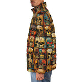 Down-Padded Puffer Jacket Collage of Colorful Skulls