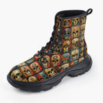 Casual Leather Chunky Boots Collage of Colorful Skulls