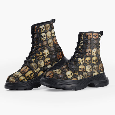 Casual Leather Chunky Boots Wooden Skulls Array