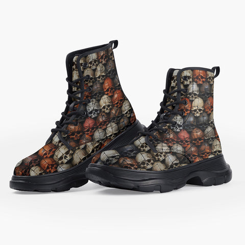 Casual Leather Chunky Boots Skulls Collage