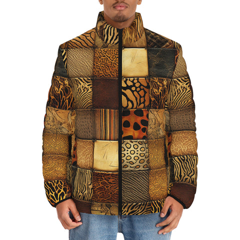Down-Padded Puffer Jacket Animal Carved Wood Blocks