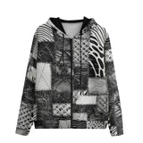 Men's Zip Up Hoodie Black and White Safari Patchwork