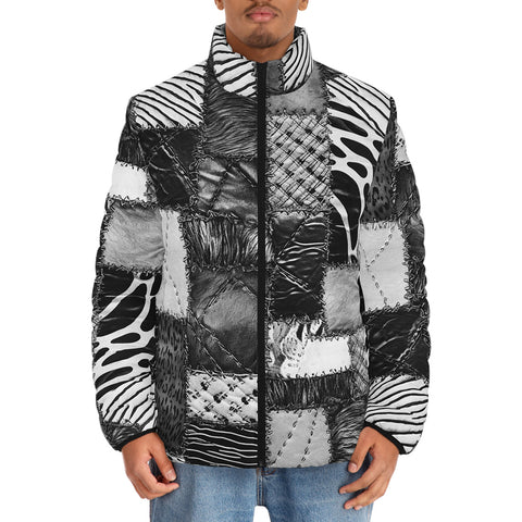 Down-Padded Puffer Jacket Black and White Safari Patchwork
