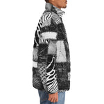 Down-Padded Puffer Jacket Black and White Safari Patchwork